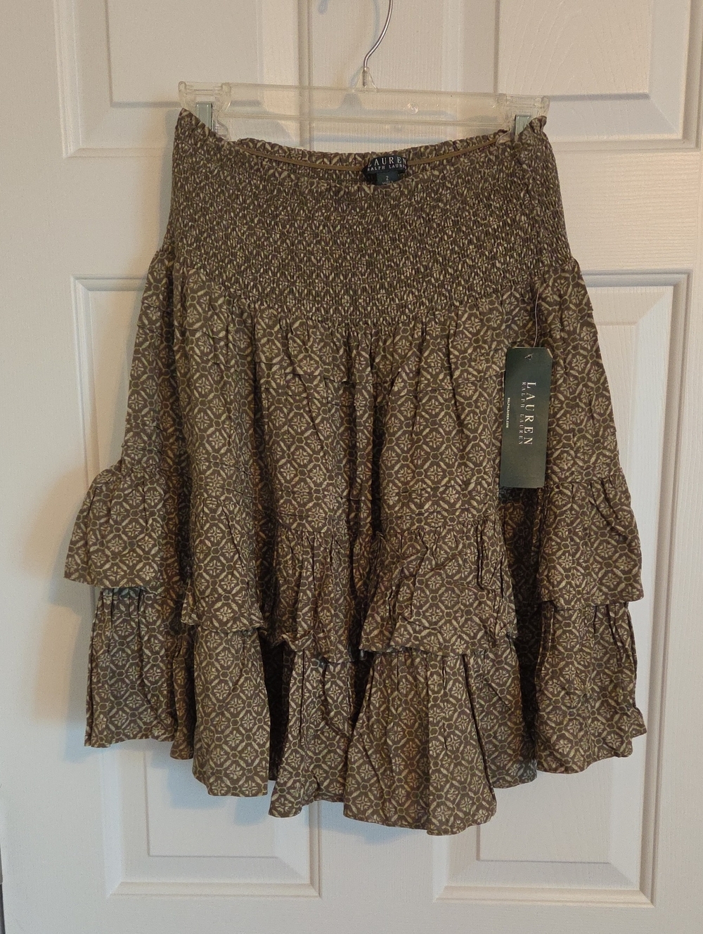 Ralph Lauren Olive Green Patterned Tiered Smocked Skirt